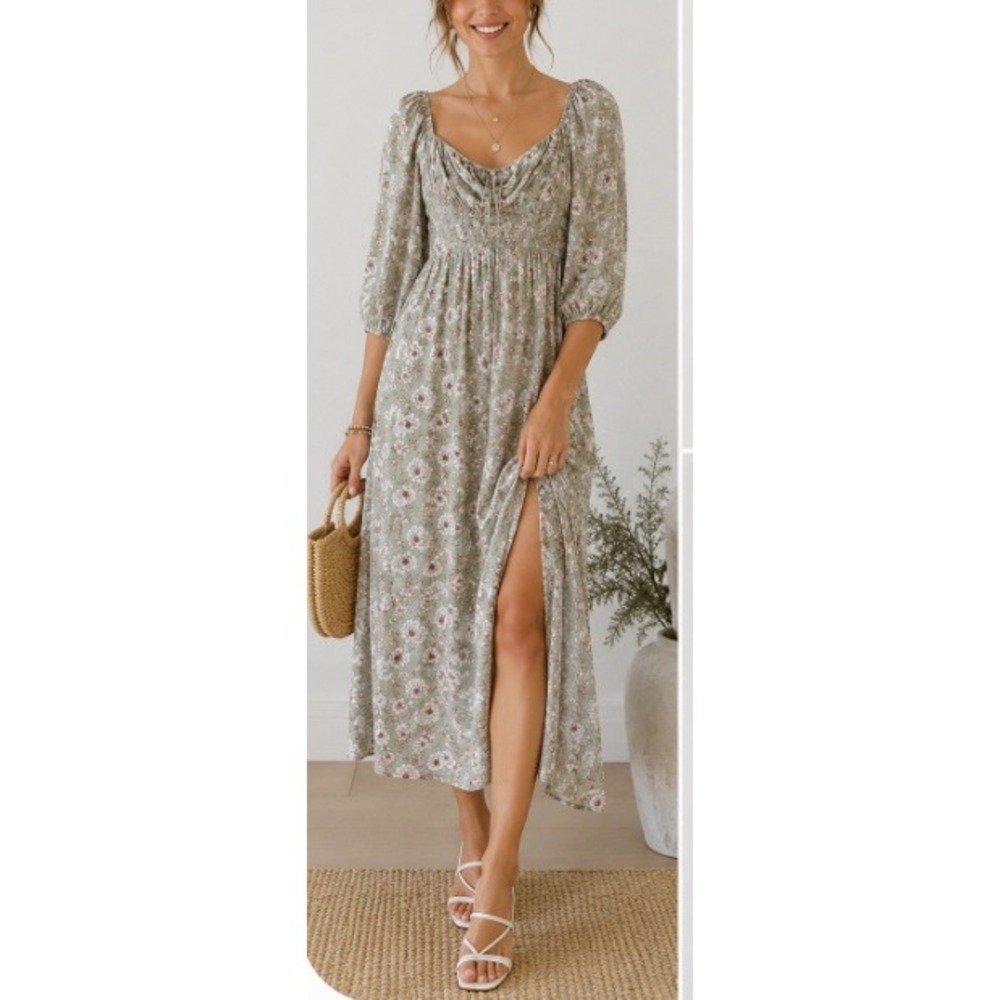 Altar'd State Sage Green Floral Midi Dress Smocked Back Slit ASWD-233-018 NEW